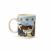 Back of the Buc-ee's Melissa, TX mini mug showing a longhorn, bluebonnets, horseshoe, taco, and acoustic guitar