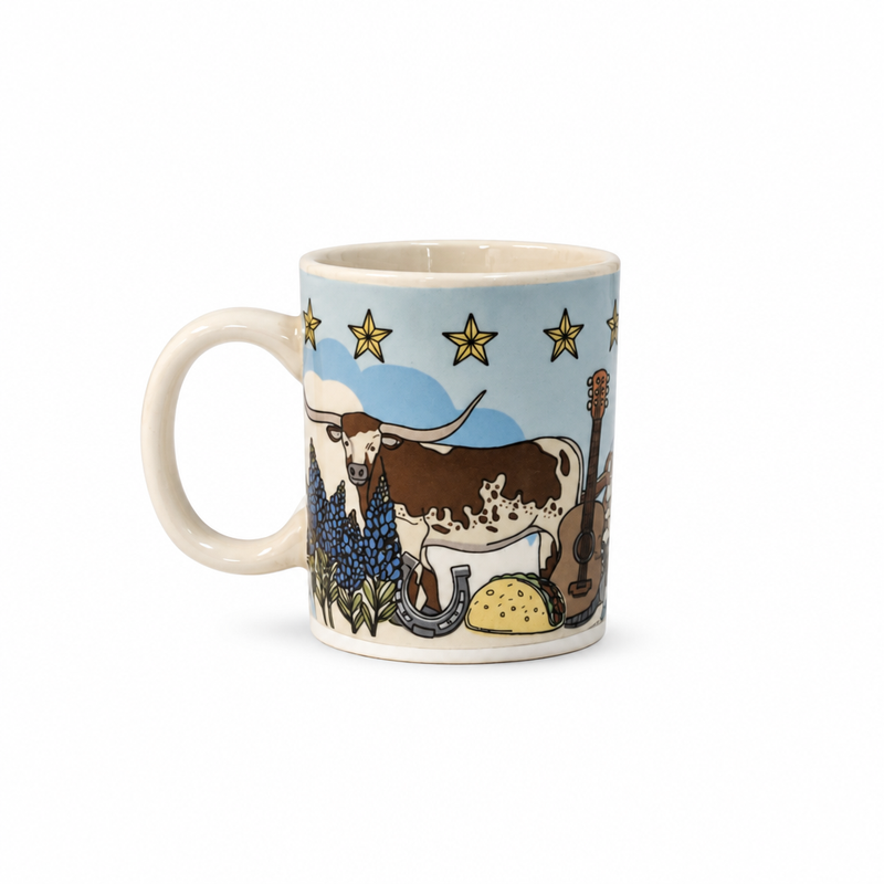 Back of the Buc-ee's Melissa, TX mini mug showing a longhorn, bluebonnets, horseshoe, taco, and acoustic guitar
