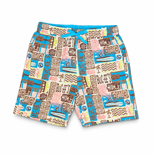 Buc-ee’s men’s and boys’ tiki swim trunks with turquoise drawstring and a print of surfboards, palm trees, and beaver logos