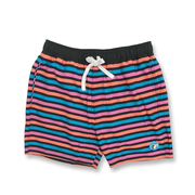 Buc-ee’s men’s striped swim trunks in pink, coral, and turquoise with black waistband, white drawstring, and beaver logo