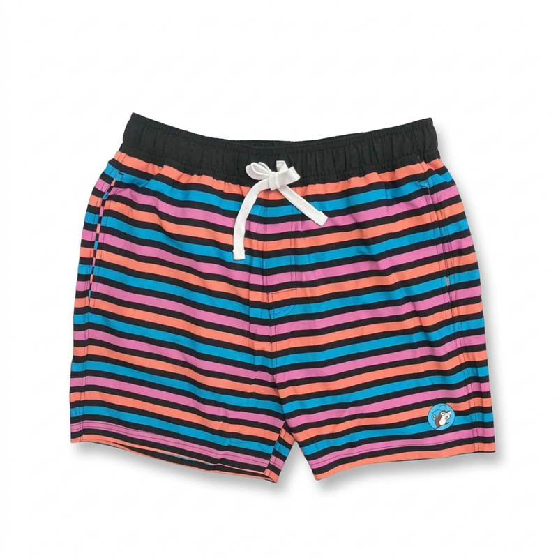Buc-ee’s men’s striped swim trunks in pink, coral, and turquoise with black waistband, white drawstring, and beaver logo