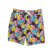 Buc-ee’s men’s tropical swim trunks with white drawstring and print of beavers in pink caps among bright monstera leaves