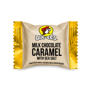 Buc-ee's small-batch Milk Chocolate Caramel with Sea Salt, individually wrapped in kraft paper with gold foil ends