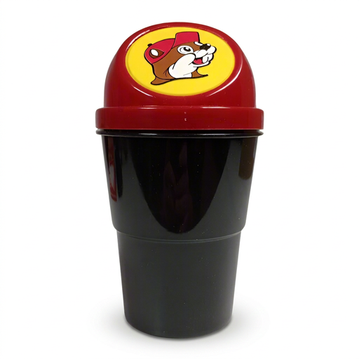 Buc-ee’s Mini Portable Trash Can with a black tapered base and a red domed lid topped with the yellow beaver logo