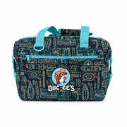 Buc-ee's Neon Tiki cooler bag in navy with teal and yellow surfboard and palm tree print, teal handles, and beaver logo patch