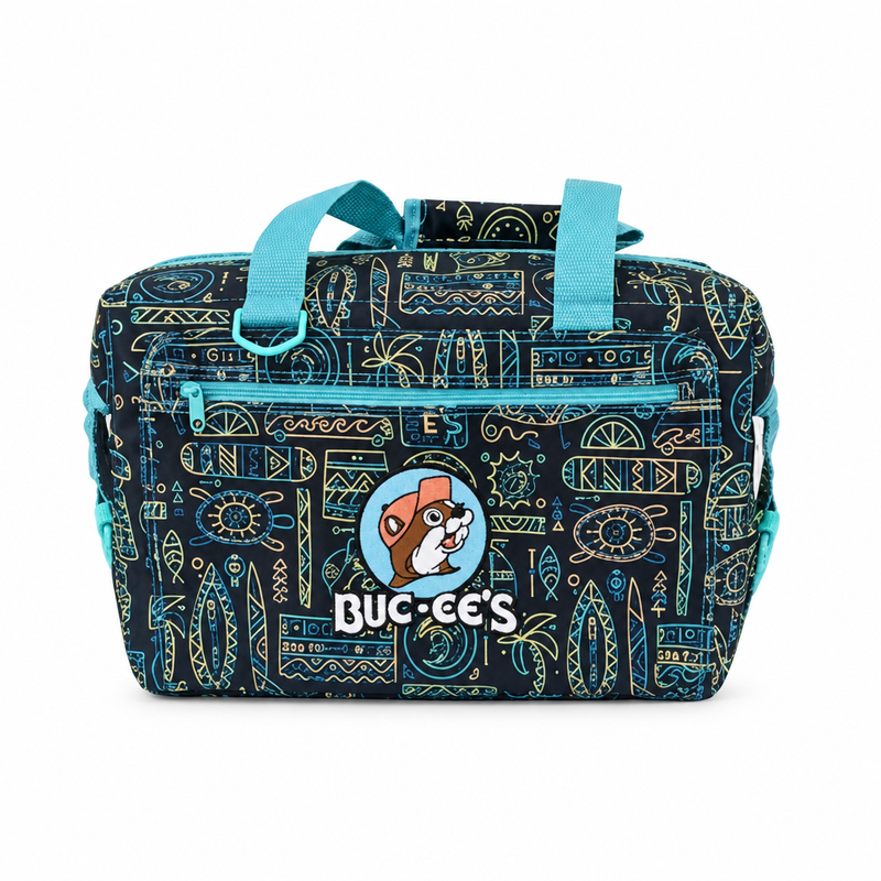 Buc-ee's Neon Tiki cooler bag in navy with teal and yellow surfboard and palm tree print, teal handles, and beaver logo patch