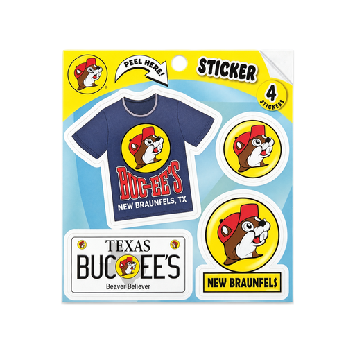 Buc-ee's New Braunfels sticker pack with 4 stickers: navy T-shirt, beaver logo, Texas license plate, and city badge