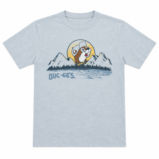 Buc-ee’s “On My Mind” shirt in heather gray, front view with beaver logo rising like a sun over mountains and a lake