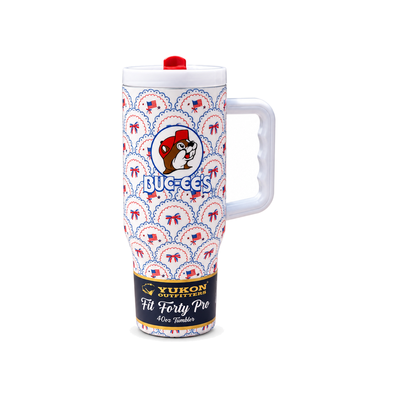 Buc-ee's Yukon Outfitters Fit Forty Pro 40 oz tumbler with handle, white with red and blue American flag and bow prin