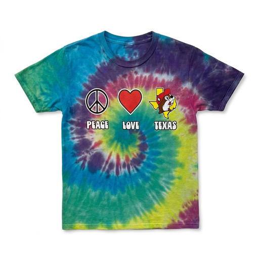 Buc-ee’s tie-dye “Peace, Love, Texas” shirt in rainbow spiral with peace sign, heart, and beaver on a Texas outline