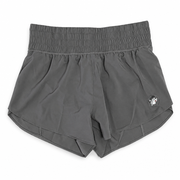 Buc-ee’s Performance Shorts in charcoal gray with smocked high-rise waistband, curved hem, and tonal beaver logo