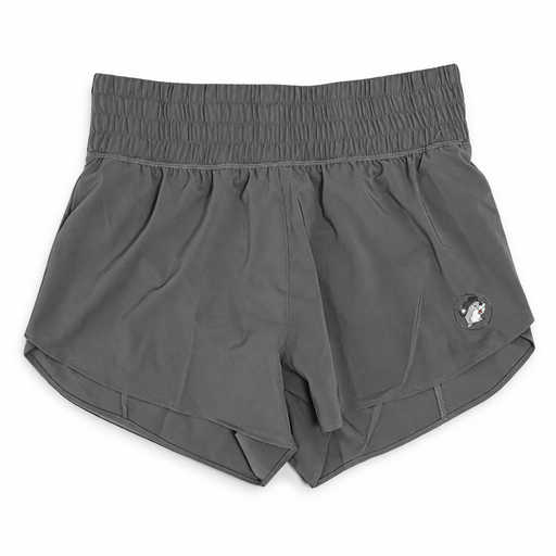 Buc-ee's Performance Shorts in charcoal gray with smocked high-rise waistband, curved hem and tonal Buc-ee logo