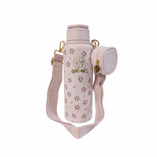 Buc-ee's pink floral hands-free tumbler with woven crossbody strap, gold clips, and mini zip pouch with beaver charm