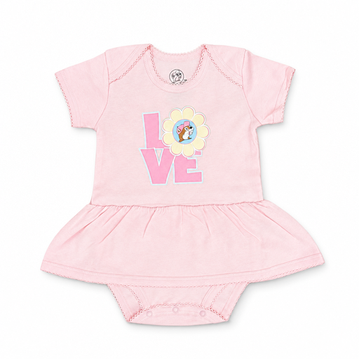 Buc-ee’s baby bodysuit dress in light pink with “LOVE” graphic, daisy beaver logo as the O, ruffled skirt, and snaps