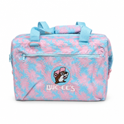 Buc-ee's pink 24 can pink palm cooler bag with pink and light blue tropical print, embroidered beaver logo, and zip front pocket