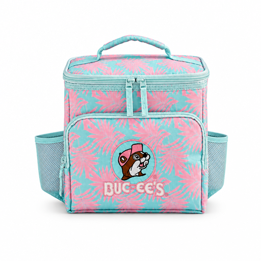 Pink and teal palm print Buc-ee's lunch box cooler with Buc-ee the Beaver logo