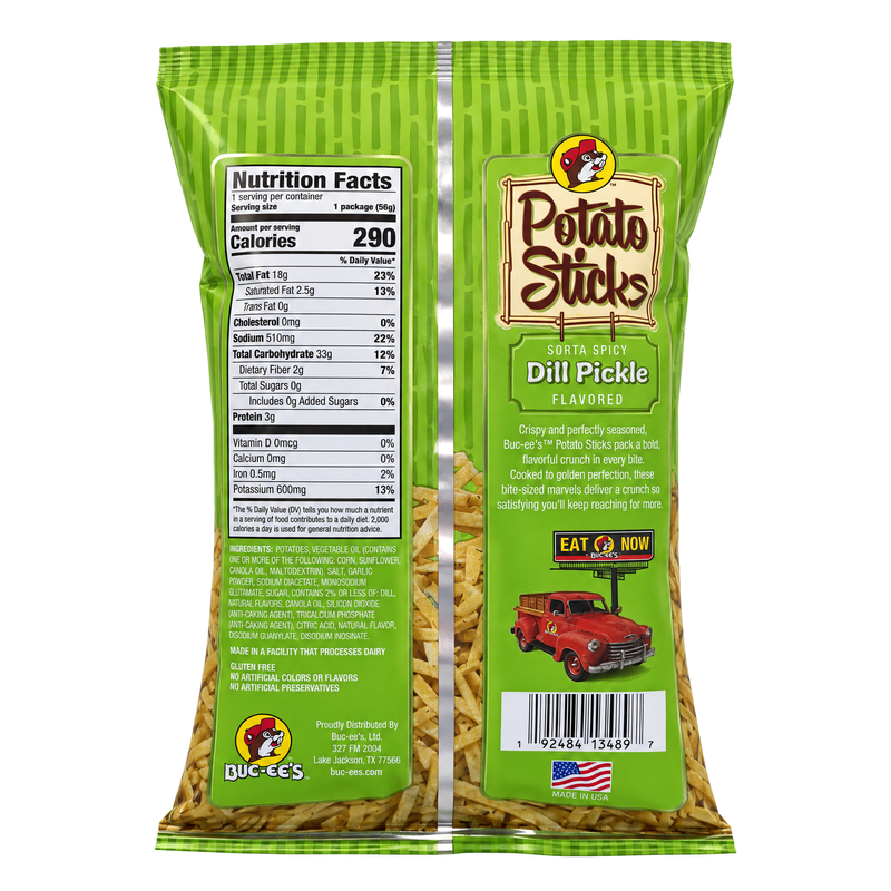 Back of Buc-ee's Potato Sticks Dill Pickle bag