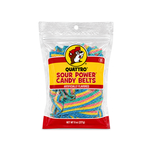 Buc-ee's Quattro Sour Power Candy Belts, an 8 oz clear bag of rainbow sugar-coated sour candy strips, non-GMO