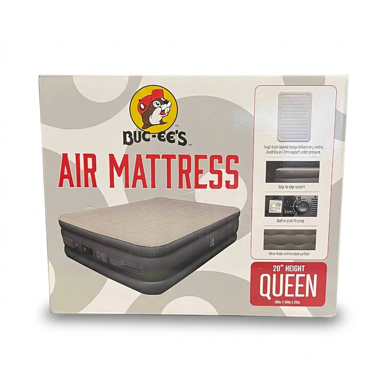 Buc-ee’s Queen Air Mattress, 20-inch height with built-in pump, shown in retail box with beaver logo