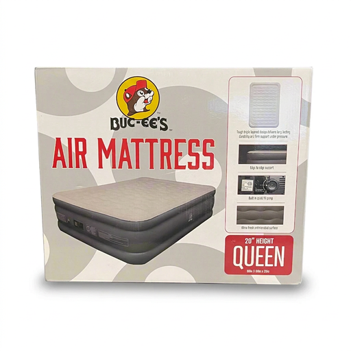 Buc-ee’s Queen Air Mattress, 20-inch height with built-in pump, shown in retail box with beaver logo