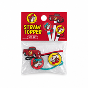 Buc-ee's Straw Topper 3-piece set with a red pickup truck, red beaver, and yellow beaver topper in a clear retail bag