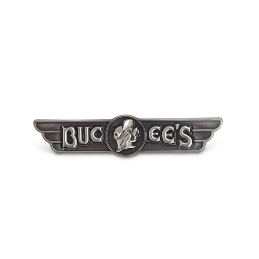 Buc-ee’s retro wings magnet in antique silver tone with raised beaver head medallion and embossed lettering
