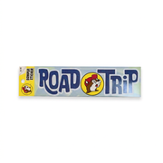 Buc-ee’s Road Trip bumper sticker with navy blue lettering and yellow beaver logo between the words, on light blue