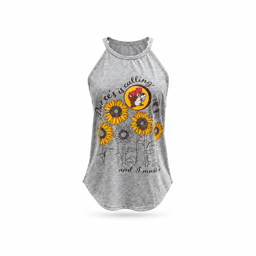 Buc-ee’s Rocker Tank in heather gray with high neck, curved hem, and sunflower graphic with beaver logo