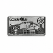 Buc-ee's Royse City metal location magnet in antique silver finish, embossed with the storefront, beaver statue, and sign.