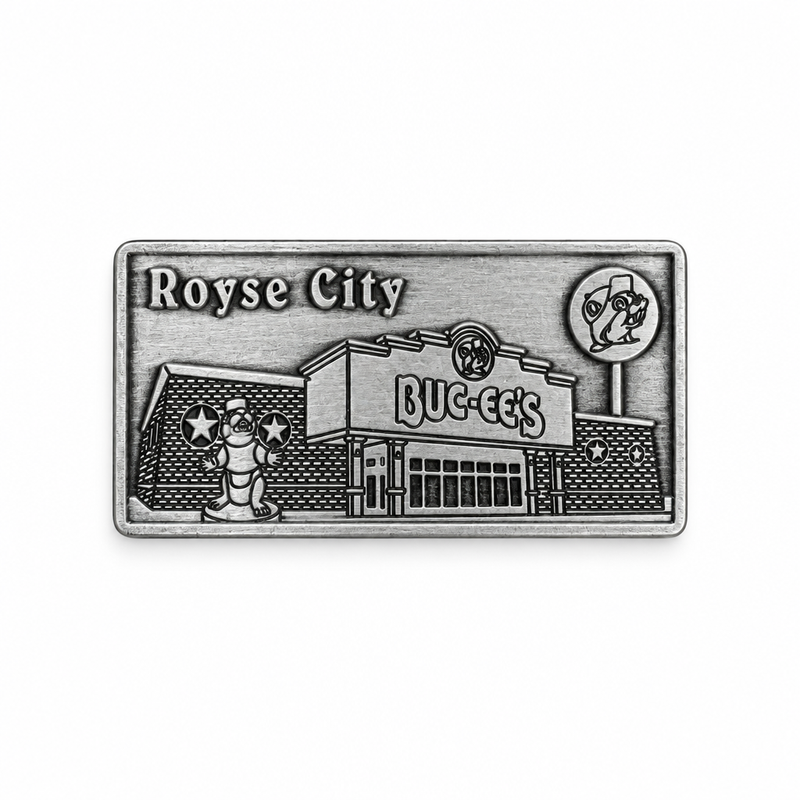 Buc-ee's Royse City metal location magnet in antique silver finish, embossed with the storefront, beaver statue, and sign.