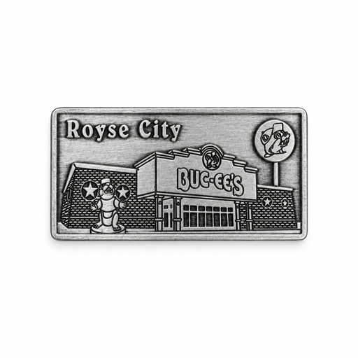 Buc-ee's Royse City metal location magnet in antique silver finish, embossed with the storefront, beaver statue, and sign.