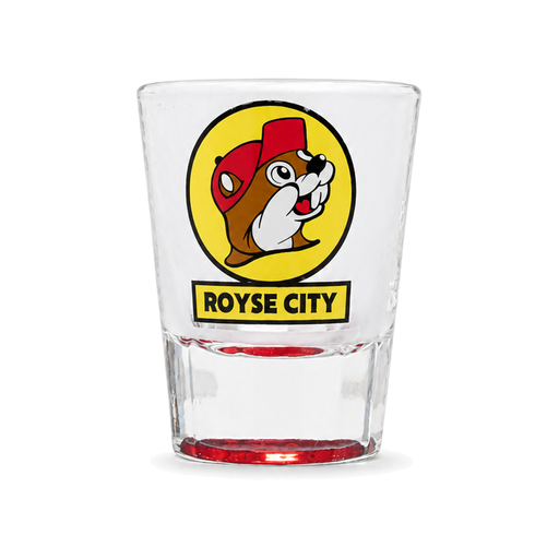Buc-ee's Royse City shot glass in clear glass with a red base and the yellow beaver logo above a Royse City banner