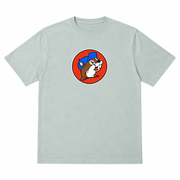 Buc-ee's short sleeve crewneck t-shirt in sage green with the beaver logo in a red circle on the front