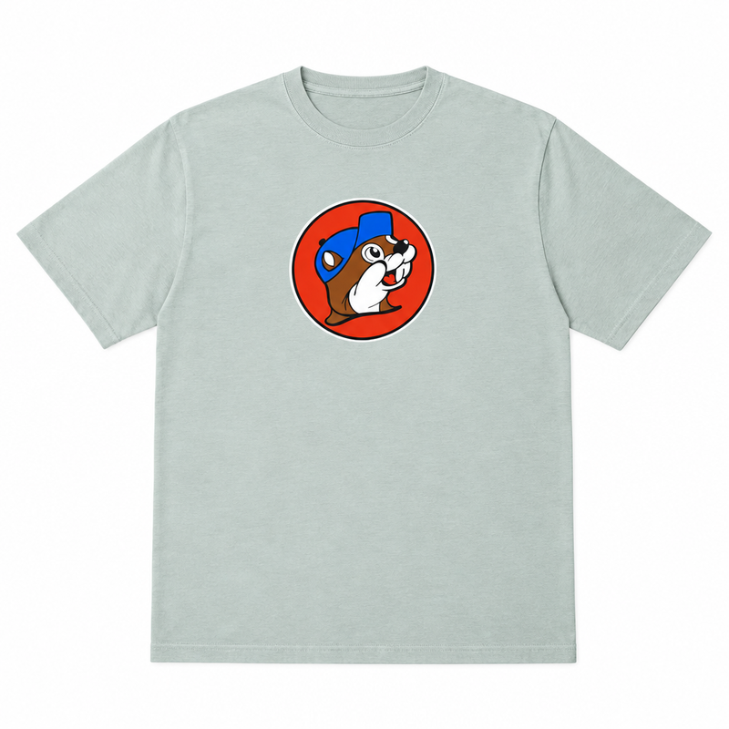 Buc-ee's short sleeve crewneck t-shirt in sage green with the beaver logo in a red circle on the front