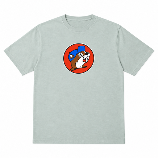 Buc-ee's short sleeve crewneck t-shirt in sage green with the beaver logo in a red circle on the front