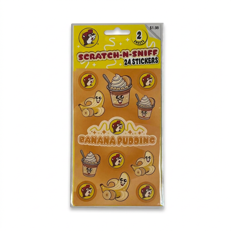 Buc-ee’s Scratch-N-Sniff Stickers in Banana Pudding scent, 24 stickers with cartoon bananas, pudding cups, and beaver logos