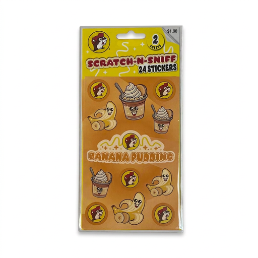 Buc-ee's Scratch-N-Sniff Stickers in Banana Pudding scent, 24 stickers with bananas, pudding cups and Buc-ee logos
