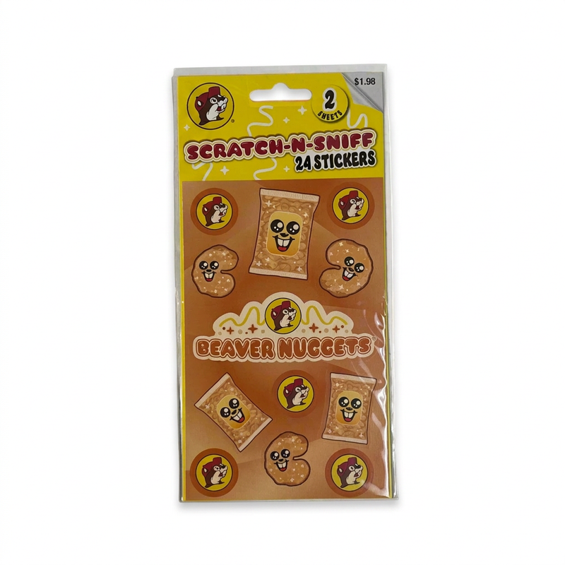 Buc-ee’s Scratch-N-Sniff Stickers in Beaver Nuggets scent, 24 stickers with cartoon nuggets, snack bags, and beaver logos
