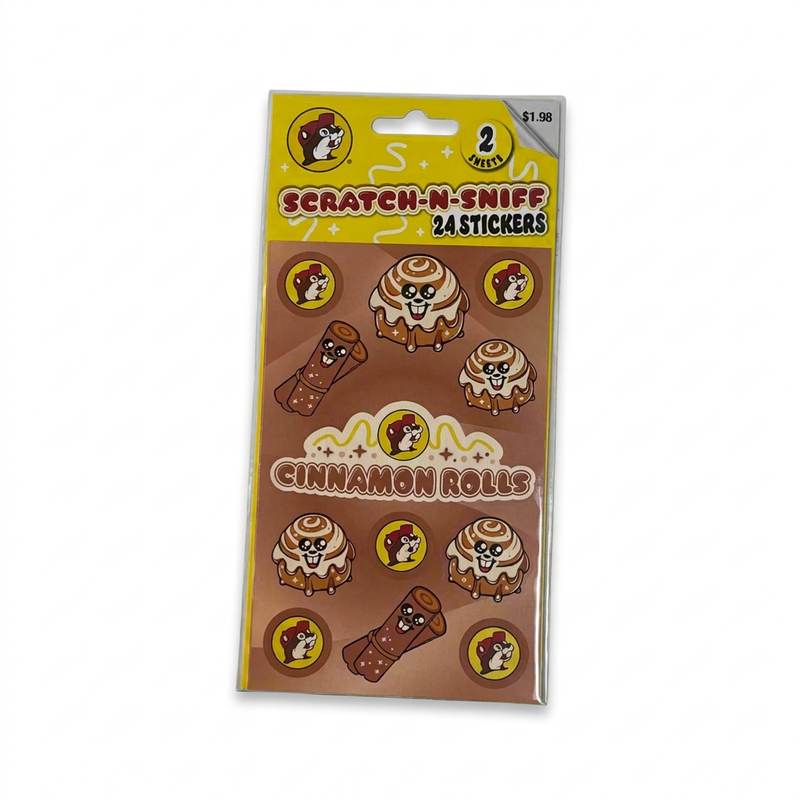 Buc-ee’s Scratch-N-Sniff Stickers in Cinnamon Rolls scent, 24 stickers with cartoon cinnamon rolls and beaver logos