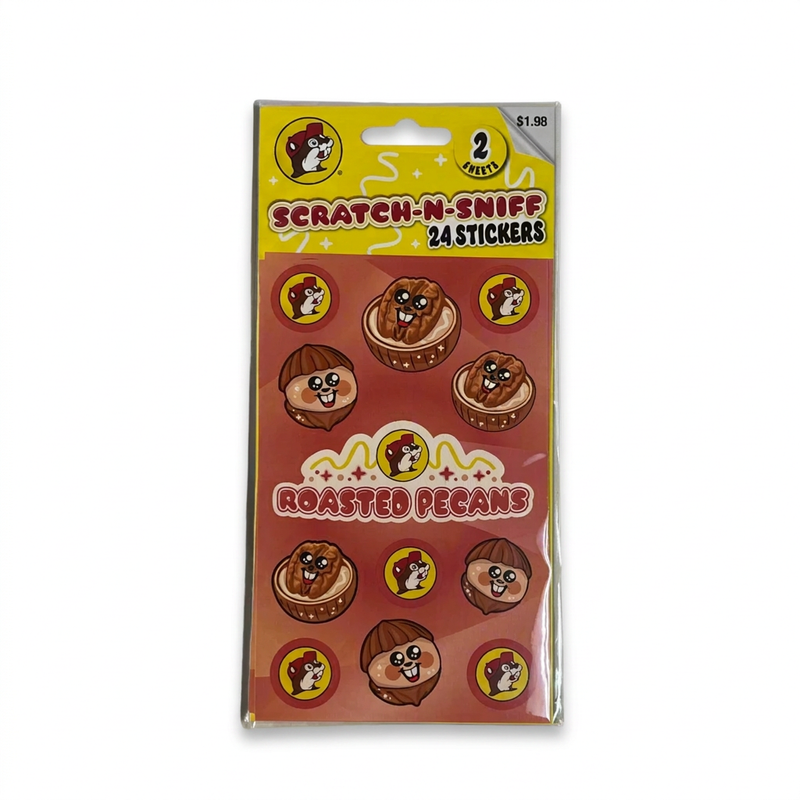 Buc-ee’s Scratch-N-Sniff Stickers in Roasted Pecans scent, 24 stickers with smiling cartoon pecans and beaver logos