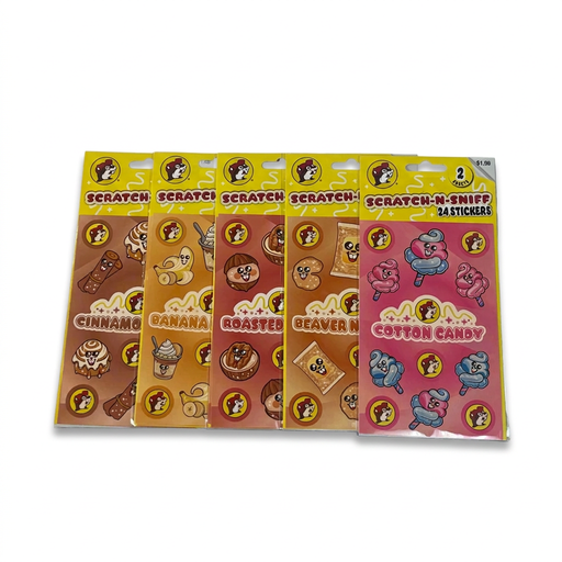 Buc-ee’s Scratch-N-Sniff Stickers in five scents, including cinnamon, Beaver Nuggets, and cotton candy, 24 stickers per pack