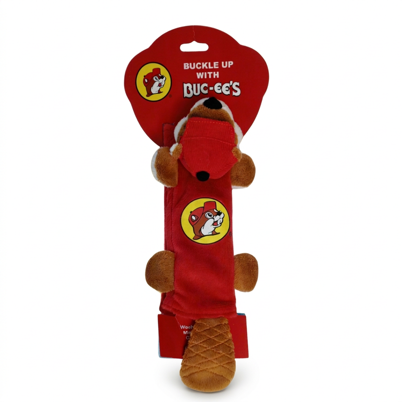 Buc-ee’s Seatbelt Cover, a plush beaver with a red body, red cap, brown paws, and textured tail, with the logo on its belly