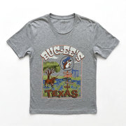 Buc-ee’s Sign Post “Texas” shirt in heather gray, front view with longhorn, bluebonnets, oil pumpjack, and beaver signpost