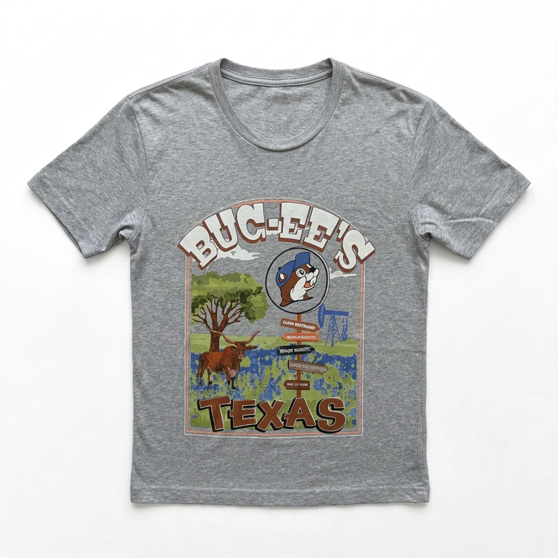 Buc-ee’s Sign Post “Texas” shirt in heather gray, front view with longhorn, bluebonnets, oil pumpjack, and beaver signpost