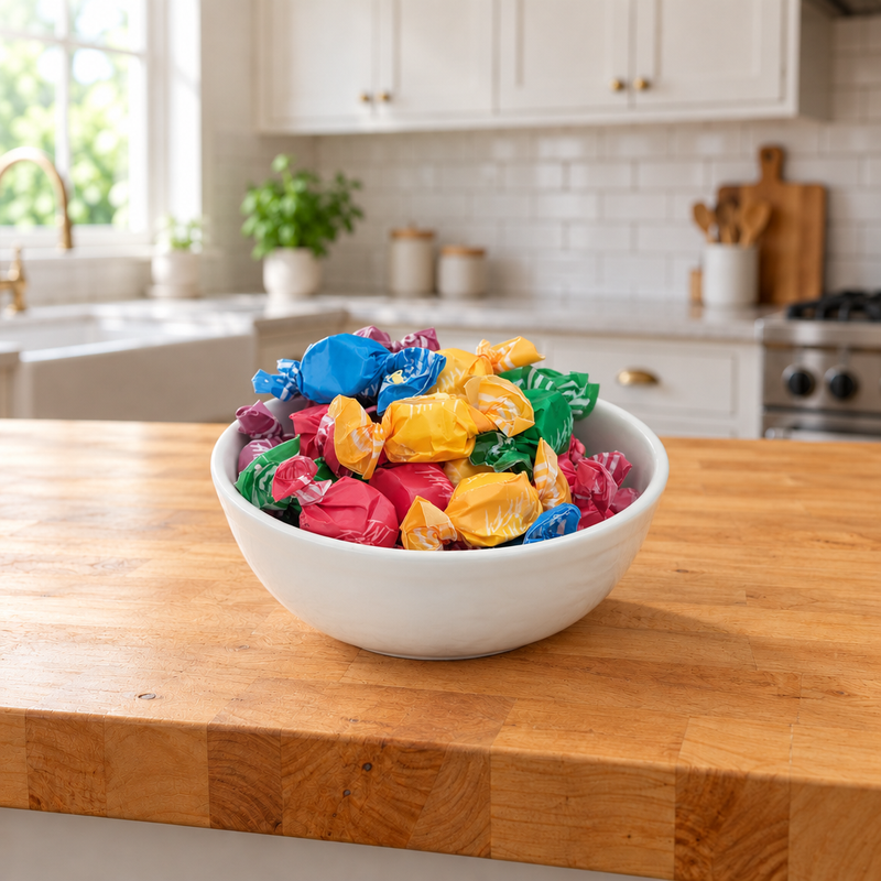 Buc-ee's Sour Saltwater Taffy piled in a white bowl on a butcher block kitchen counter, ready for sharing