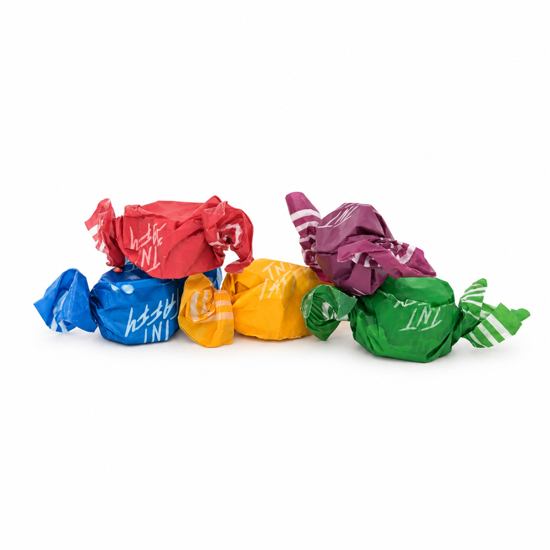 Buc-ee's Sour Saltwater Taffy, individually wrapped pieces in red, blue, yellow, purple, and green twist wrappers
