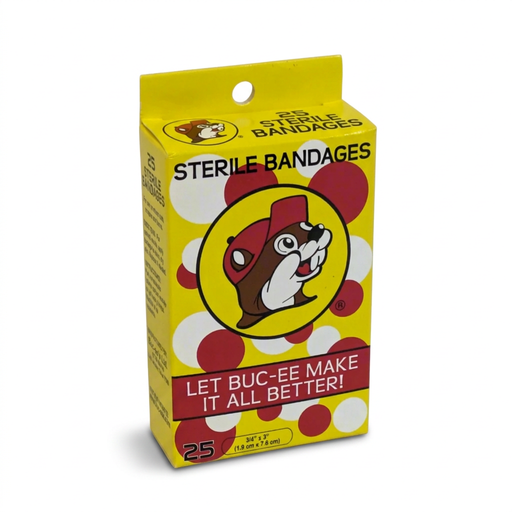 Buc-ee’s Sterile Bandages, 25 count, 3/4 x 3 inch, in a yellow box with red and white polka dots and the beaver logo