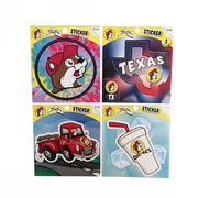 Buc-ee’s stickers in four designs: tie-dye beaver logo, Texas outline, red pickup truck, and foam cup with ice
