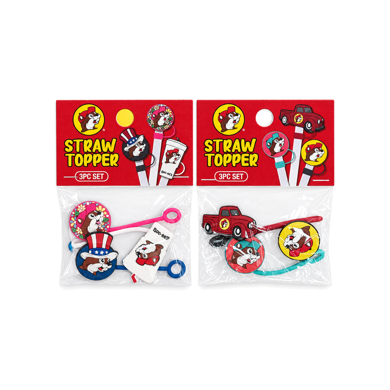 Buc-ee's straw topper 3-piece sets in two styles: patriotic, floral and cup charms, or red truck and beaver logo charms