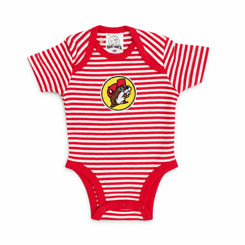 Buc-ee’s Striped Classic baby bodysuit in red and white with solid red trim, snaps, and embroidered beaver logo patch